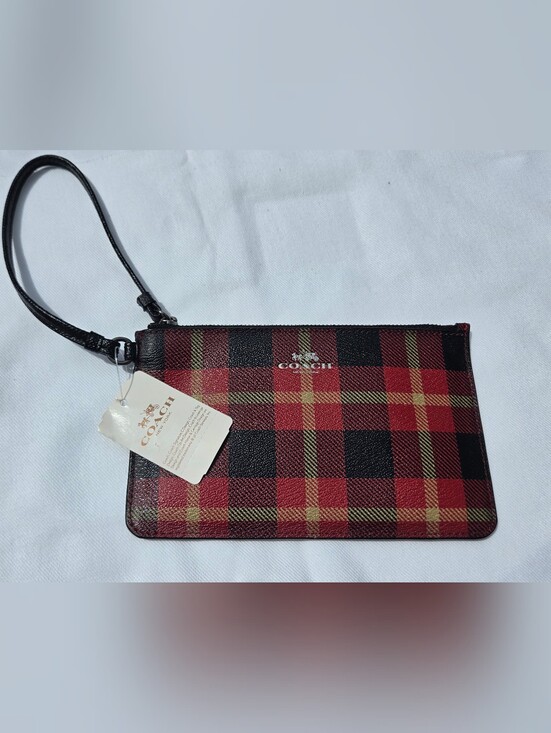 Coach Handbags - Coach Red & Black Plaid Wristlet with Gold Logo